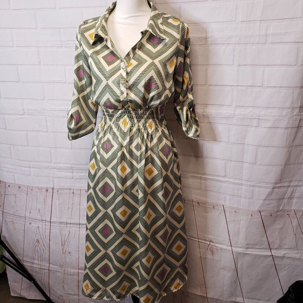Alex & Parker Green Geo Collared V Neck Dress size S small Stylish Comfort